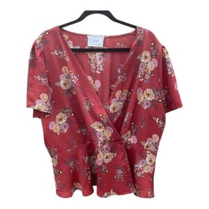 Mauve Floral 2 Button Short Sleeve Wrap Top Blouse Women's Plus Size 1X